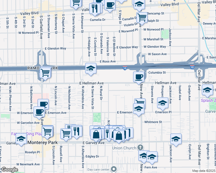 map of restaurants, bars, coffee shops, grocery stores, and more near 619c North Orange Avenue in Monterey Park