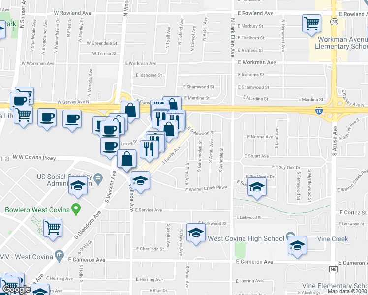 map of restaurants, bars, coffee shops, grocery stores, and more near 208 South Bandy Avenue in West Covina