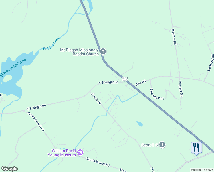 map of restaurants, bars, coffee shops, grocery stores, and more near 5780 T B Wright Road in Rembert