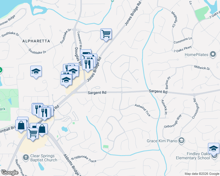 map of restaurants, bars, coffee shops, grocery stores, and more near 3030 Sargent Road in Alpharetta
