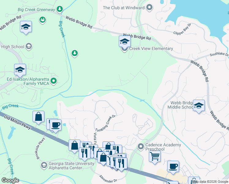map of restaurants, bars, coffee shops, grocery stores, and more near 4111 Big Creek Overlook in Alpharetta
