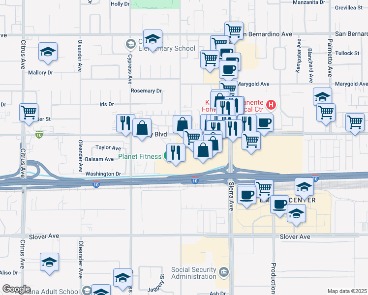 map of restaurants, bars, coffee shops, grocery stores, and more near 16711 Juniper Avenue in Fontana