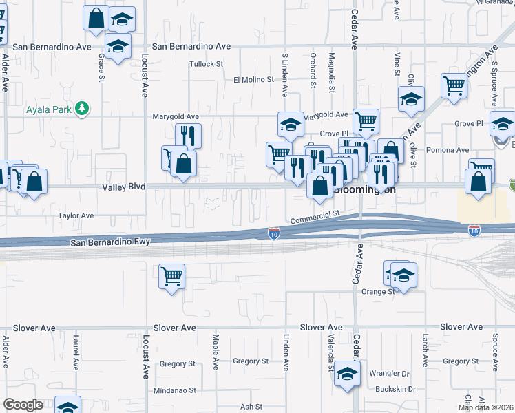 map of restaurants, bars, coffee shops, grocery stores, and more near 18411 Valley Boulevard in Bloomington