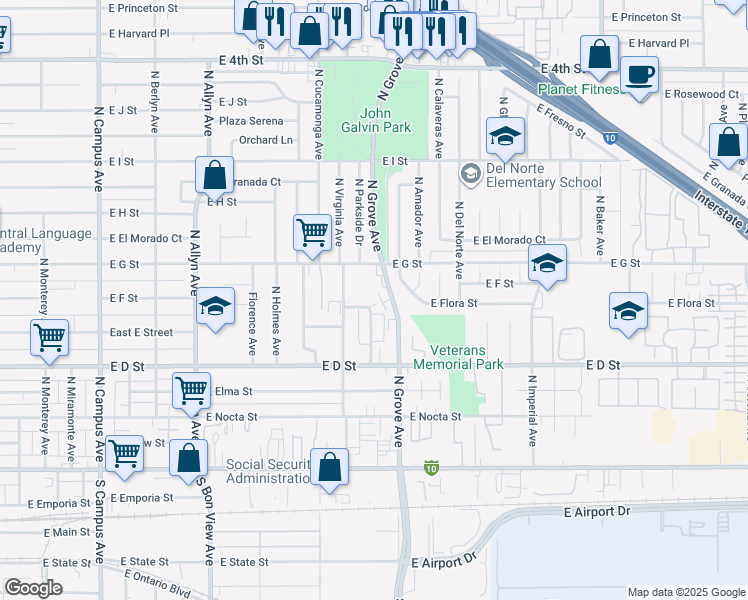 map of restaurants, bars, coffee shops, grocery stores, and more near 522 North Parkside Drive in Ontario