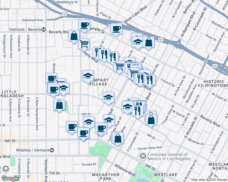 map of restaurants, bars, coffee shops, grocery stores, and more near 200 South Reno Street in Los Angeles