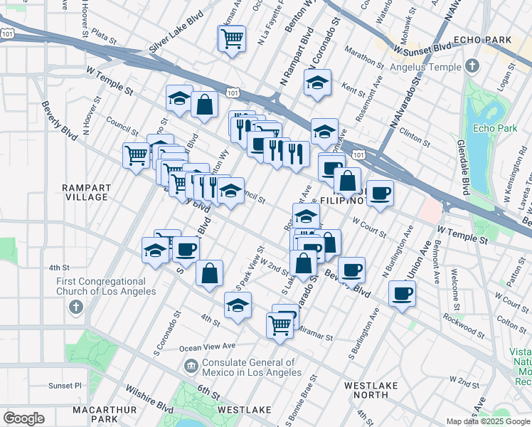 map of restaurants, bars, coffee shops, grocery stores, and more near 141 North Park View Street in Los Angeles