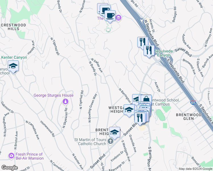 map of restaurants, bars, coffee shops, grocery stores, and more near 391 North Saltair Avenue in Los Angeles