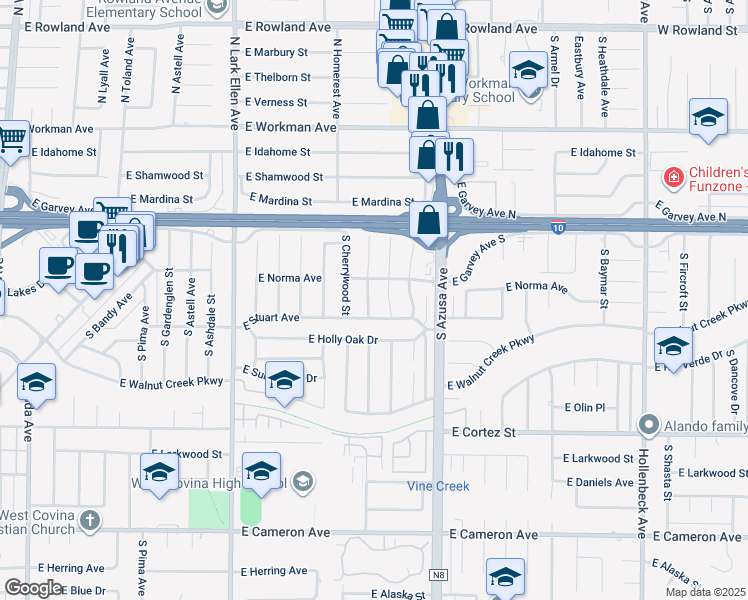 map of restaurants, bars, coffee shops, grocery stores, and more near 220 South Fernwood Street in West Covina