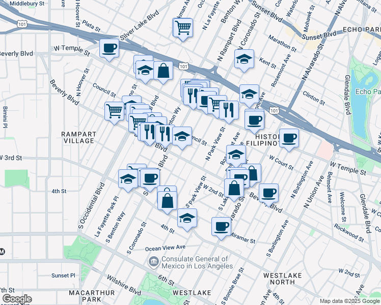 map of restaurants, bars, coffee shops, grocery stores, and more near 121 North Carondelet Street in Los Angeles