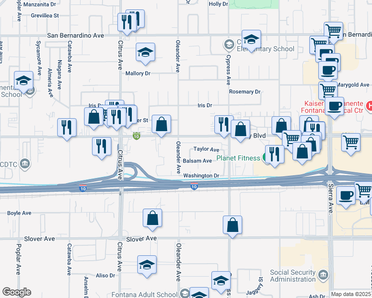map of restaurants, bars, coffee shops, grocery stores, and more near 16340 Taylor Avenue in Fontana