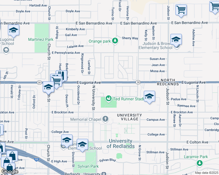 map of restaurants, bars, coffee shops, grocery stores, and more near 1249 Edwards Street in Redlands