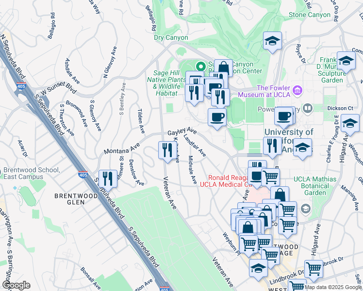 map of restaurants, bars, coffee shops, grocery stores, and more near 430 Kelton Avenue in Los Angeles