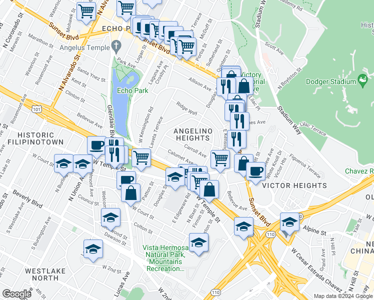 map of restaurants, bars, coffee shops, grocery stores, and more near 1354 Carroll Avenue in Los Angeles