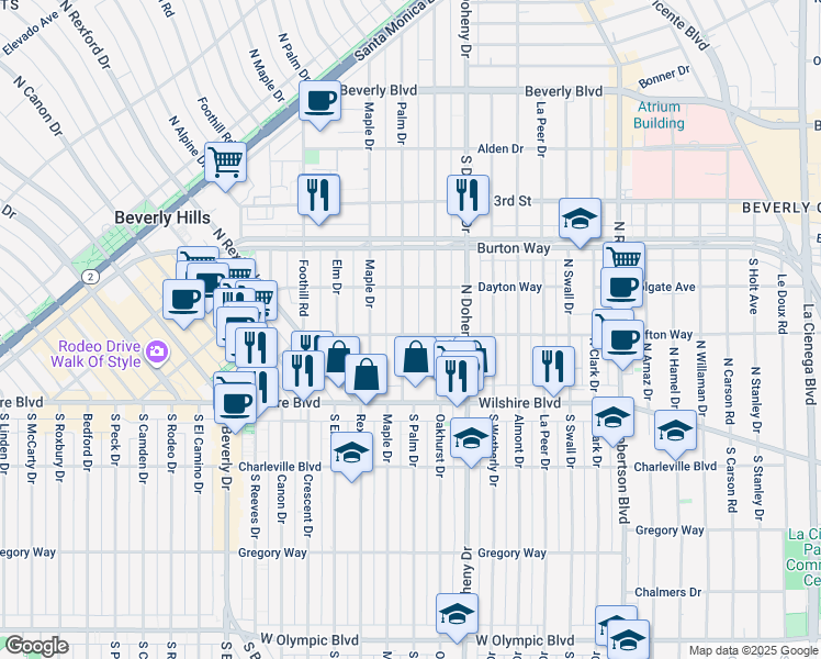 map of restaurants, bars, coffee shops, grocery stores, and more near 200 North Palm Drive in Beverly Hills