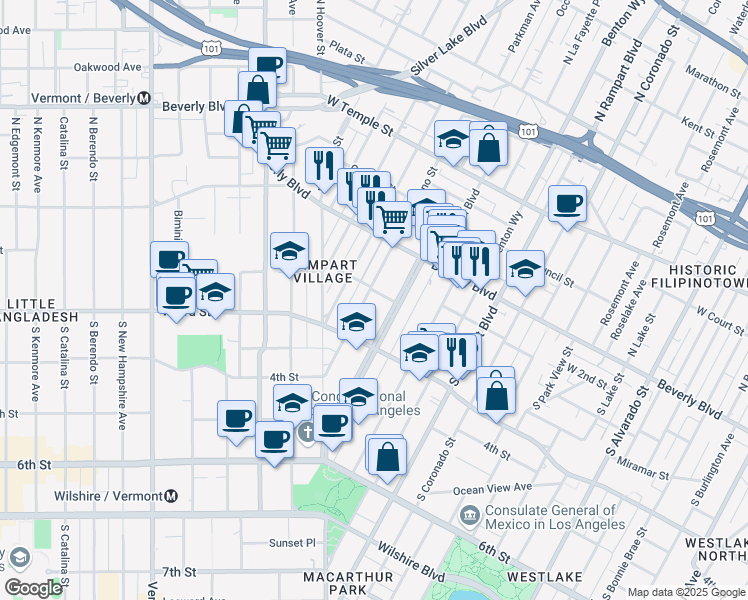 map of restaurants, bars, coffee shops, grocery stores, and more near 200 South Reno Street in Los Angeles