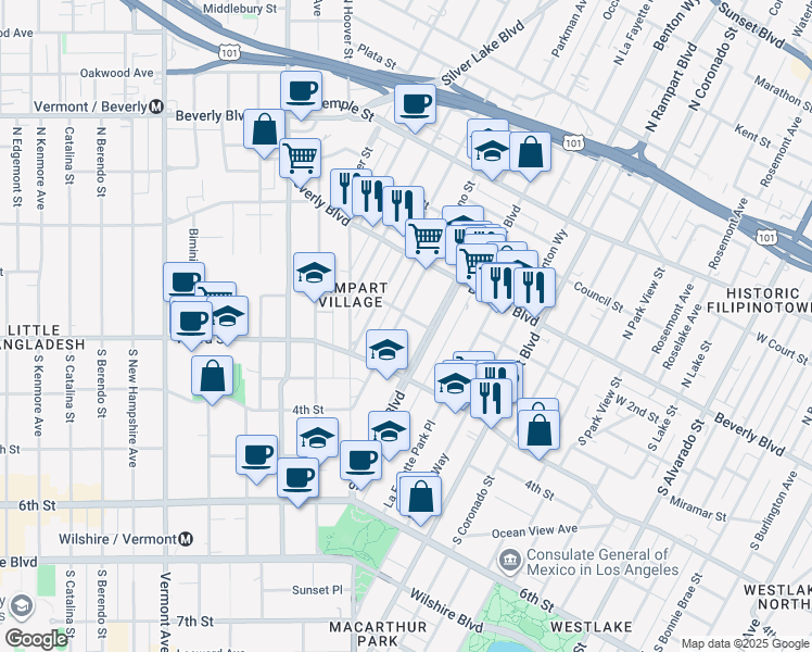map of restaurants, bars, coffee shops, grocery stores, and more near 209 South Reno Street in Los Angeles