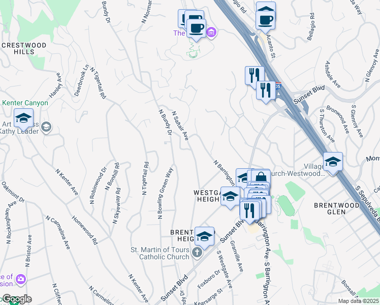 map of restaurants, bars, coffee shops, grocery stores, and more near 391 North Saltair Avenue in Los Angeles