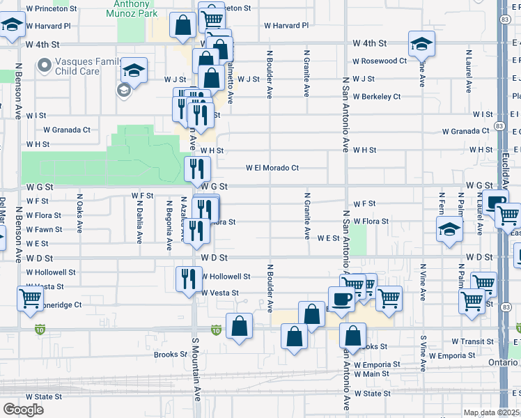 map of restaurants, bars, coffee shops, grocery stores, and more near 917 West F Street in Ontario
