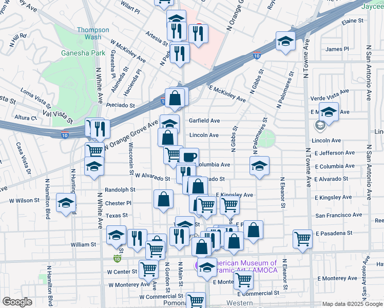 map of restaurants, bars, coffee shops, grocery stores, and more near 120 East Jefferson Avenue in Pomona