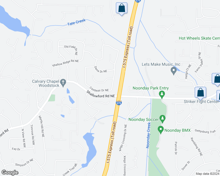 map of restaurants, bars, coffee shops, grocery stores, and more near 183 Castleair Drive Northeast in Kennesaw