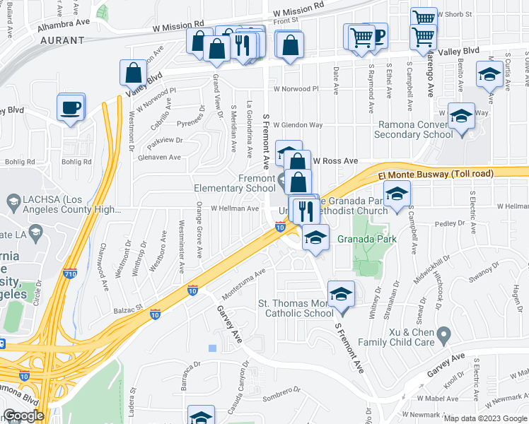map of restaurants, bars, coffee shops, grocery stores, and more near 2100 El Paseo in Alhambra
