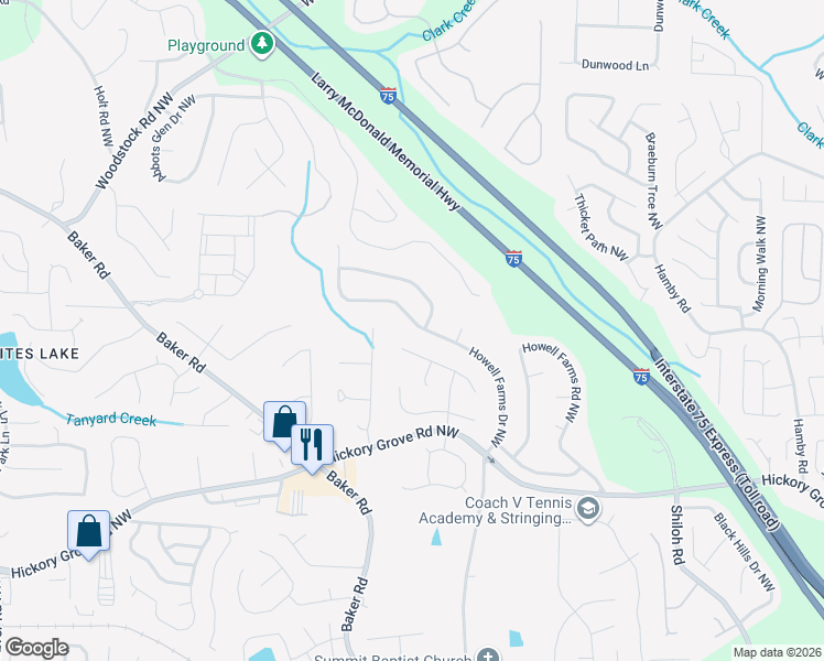 map of restaurants, bars, coffee shops, grocery stores, and more near 4639 Howell Farms Drive Northwest in Acworth