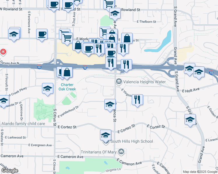 map of restaurants, bars, coffee shops, grocery stores, and more near 2904 East Virginia Avenue in West Covina