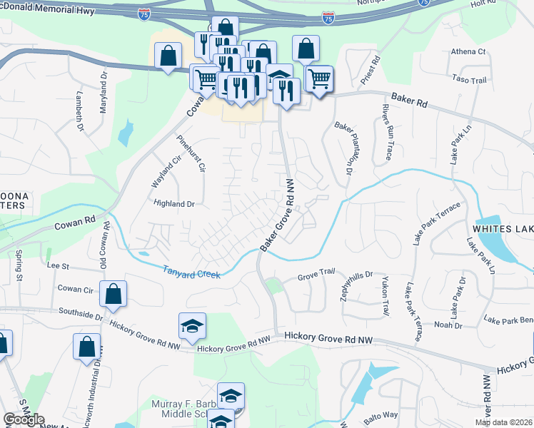 map of restaurants, bars, coffee shops, grocery stores, and more near 805 Windcroft Circle Northwest in Acworth