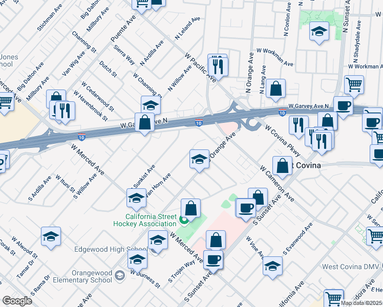 map of restaurants, bars, coffee shops, grocery stores, and more near 904 South Van Horn Avenue in West Covina