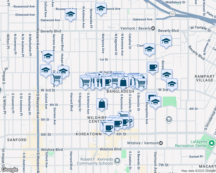 map of restaurants, bars, coffee shops, grocery stores, and more near 260 South Mariposa Avenue in Los Angeles