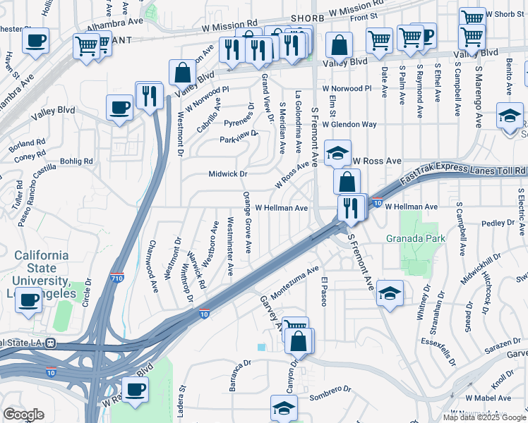 map of restaurants, bars, coffee shops, grocery stores, and more near 2101 Meridian Avenue in Alhambra