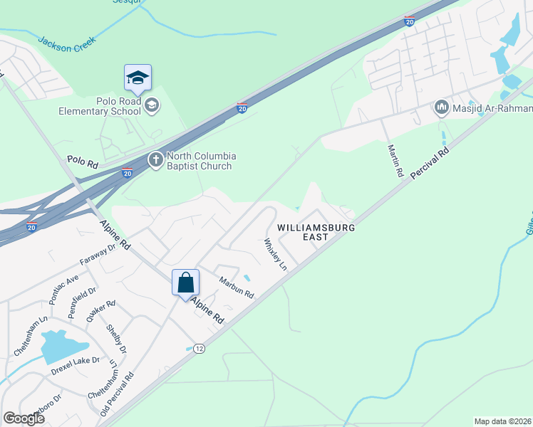 map of restaurants, bars, coffee shops, grocery stores, and more near 134 Whixley Lane in Columbia