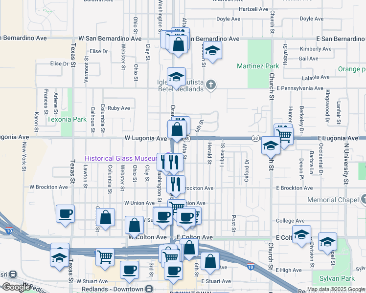 map of restaurants, bars, coffee shops, grocery stores, and more near 1243 Alta Street in Redlands