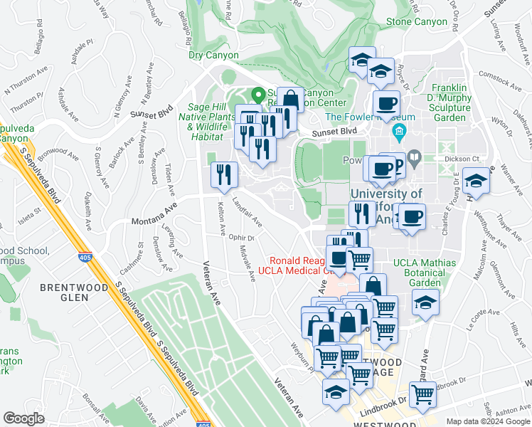 map of restaurants, bars, coffee shops, grocery stores, and more near 515 Gayley Avenue in Los Angeles