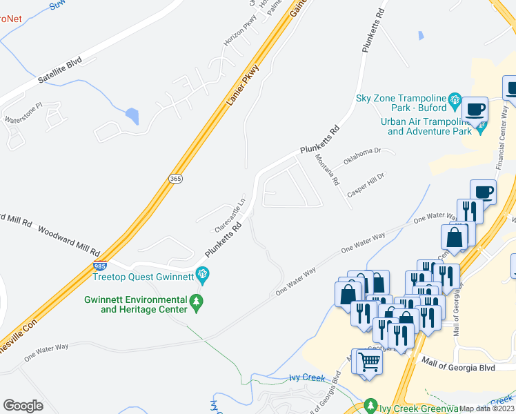 map of restaurants, bars, coffee shops, grocery stores, and more near 2939 Woodward Down Trail in Buford