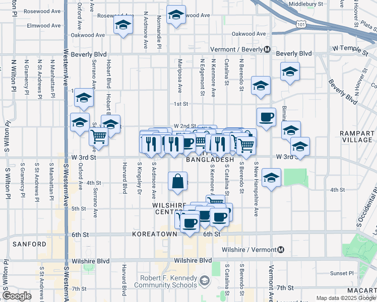 map of restaurants, bars, coffee shops, grocery stores, and more near 260 South Mariposa Avenue in Los Angeles