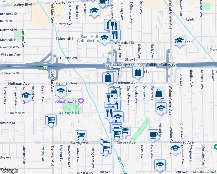 map of restaurants, bars, coffee shops, grocery stores, and more near 8208 Hellman Avenue in Rosemead
