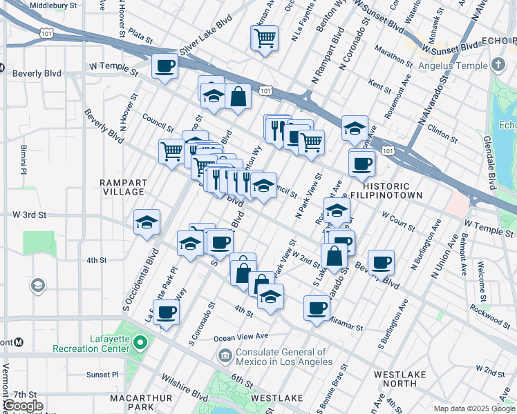 map of restaurants, bars, coffee shops, grocery stores, and more near 2575 Beverly Boulevard in Los Angeles