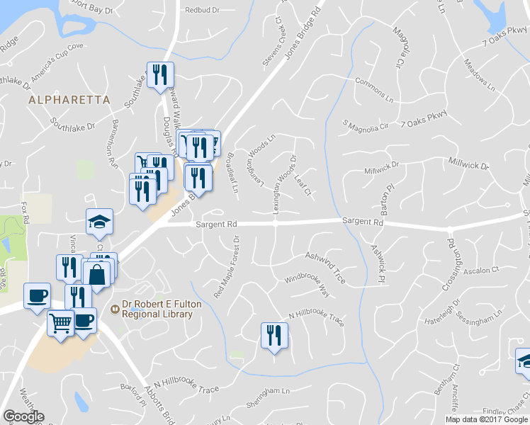 map of restaurants, bars, coffee shops, grocery stores, and more near 3040 Lakeside Court in Alpharetta