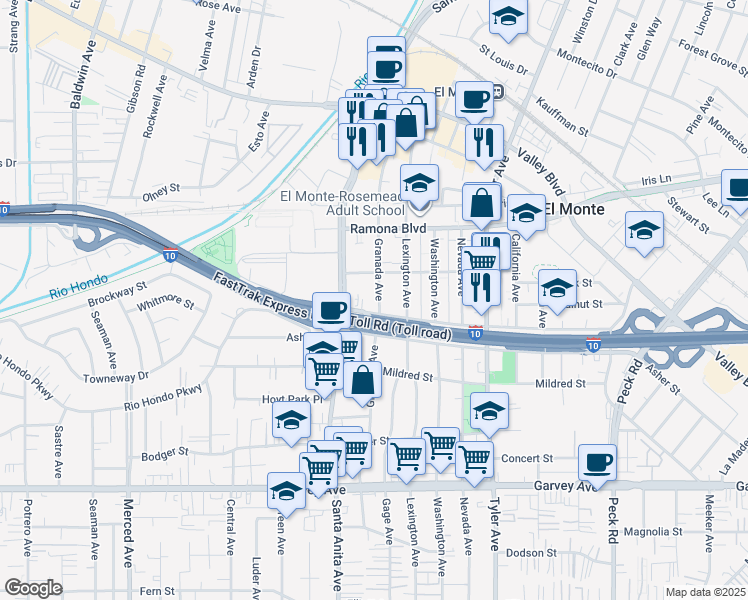 map of restaurants, bars, coffee shops, grocery stores, and more near 3337 Granada Avenue in El Monte