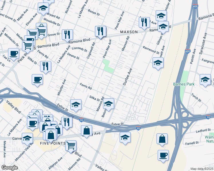 map of restaurants, bars, coffee shops, grocery stores, and more near 3633 Maxson Road in El Monte