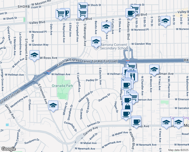 map of restaurants, bars, coffee shops, grocery stores, and more near 1512 West Hellman Avenue in Alhambra
