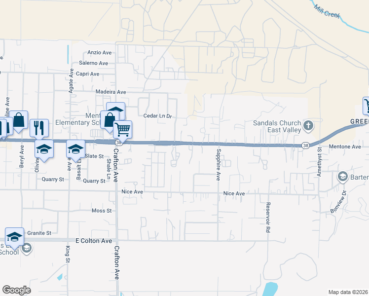 map of restaurants, bars, coffee shops, grocery stores, and more near 2160 Mentone Boulevard in Mentone