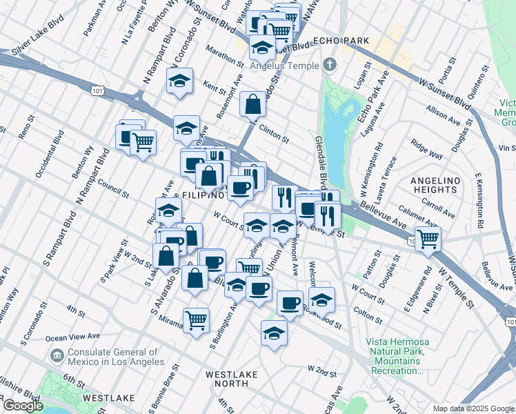 map of restaurants, bars, coffee shops, grocery stores, and more near W Temple St & N Bonnie Brae St in Los Angeles