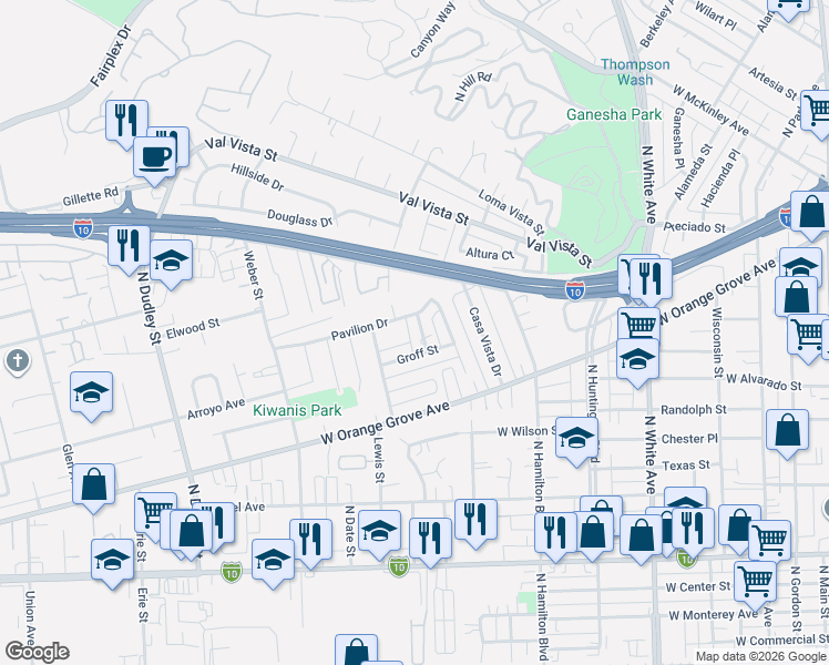 map of restaurants, bars, coffee shops, grocery stores, and more near 1071 Breon Street in Pomona