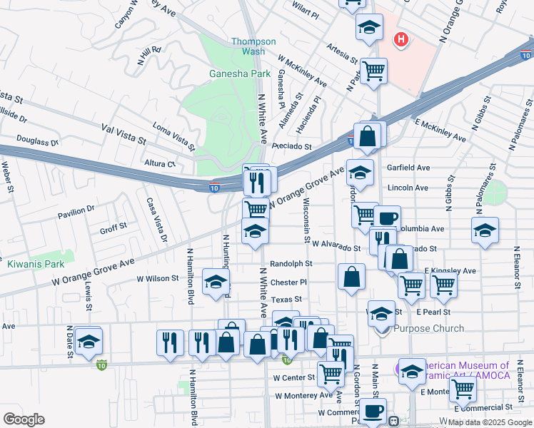 map of restaurants, bars, coffee shops, grocery stores, and more near 1192 North White Avenue in Pomona