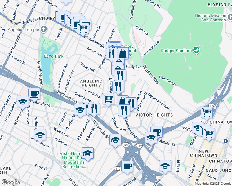 map of restaurants, bars, coffee shops, grocery stores, and more near 1246 Sunset Boulevard in Los Angeles