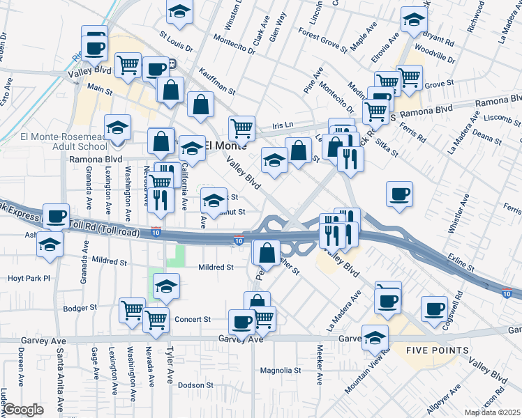 map of restaurants, bars, coffee shops, grocery stores, and more near 3401 Meeker Avenue in El Monte
