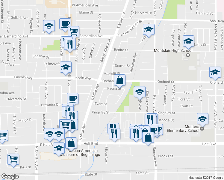 map of restaurants, bars, coffee shops, grocery stores, and more near 4219 Fauna Street in Montclair