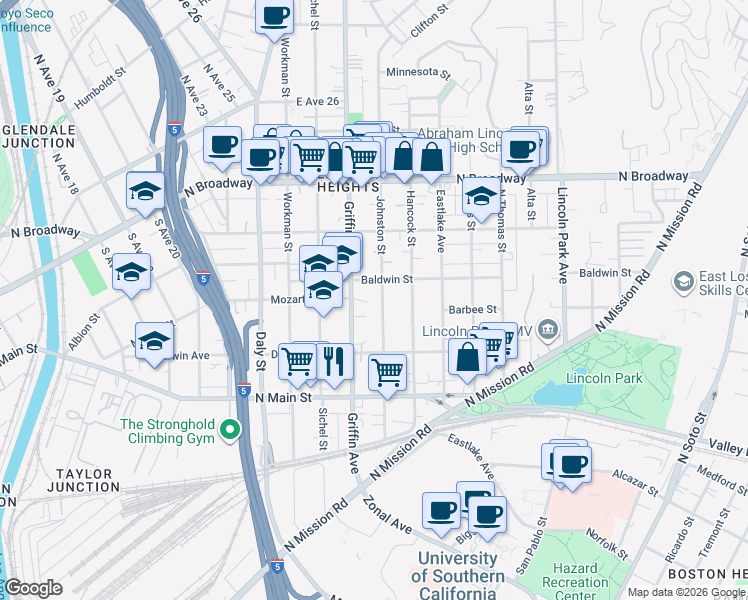 map of restaurants, bars, coffee shops, grocery stores, and more near 2119 Johnston Street in Los Angeles